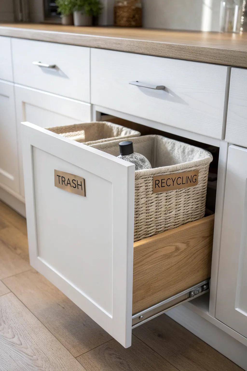 A hidden pull-out trash & recycling drawer that keeps small kitchens calm and clutter-free.