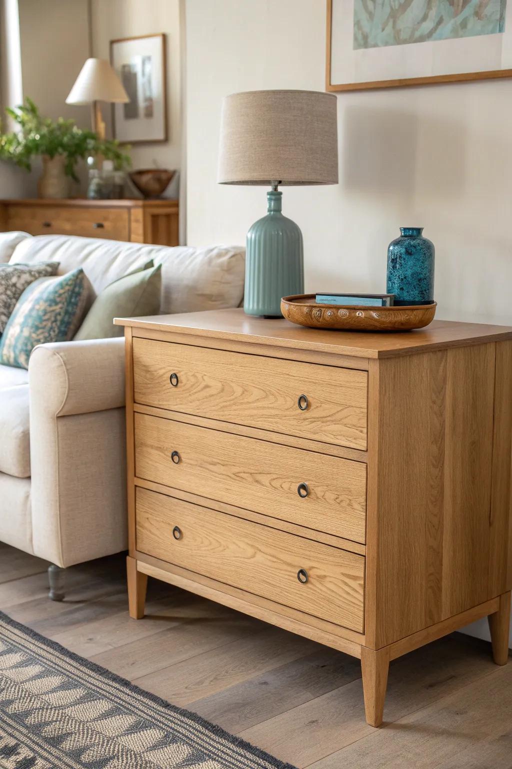 A slim dresser behind the sofa doubles as a chic console—storage + style in tight spaces.