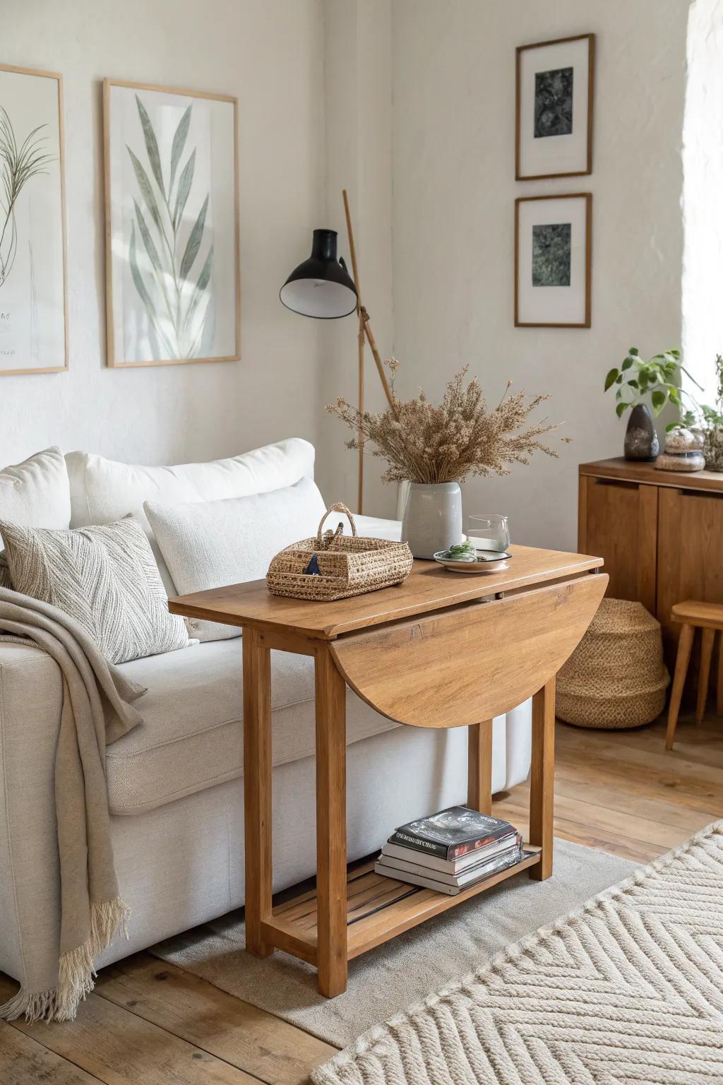 Turn a drop-leaf table into a sleek sofa console—leaves down, lamp up, cozy polish.