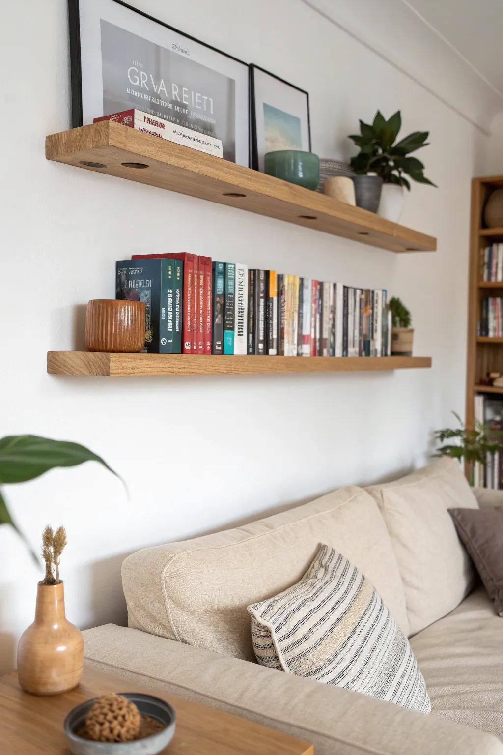 Float a simple shelf above the sofa to store DVDs neatly and keep the wall light and styled.