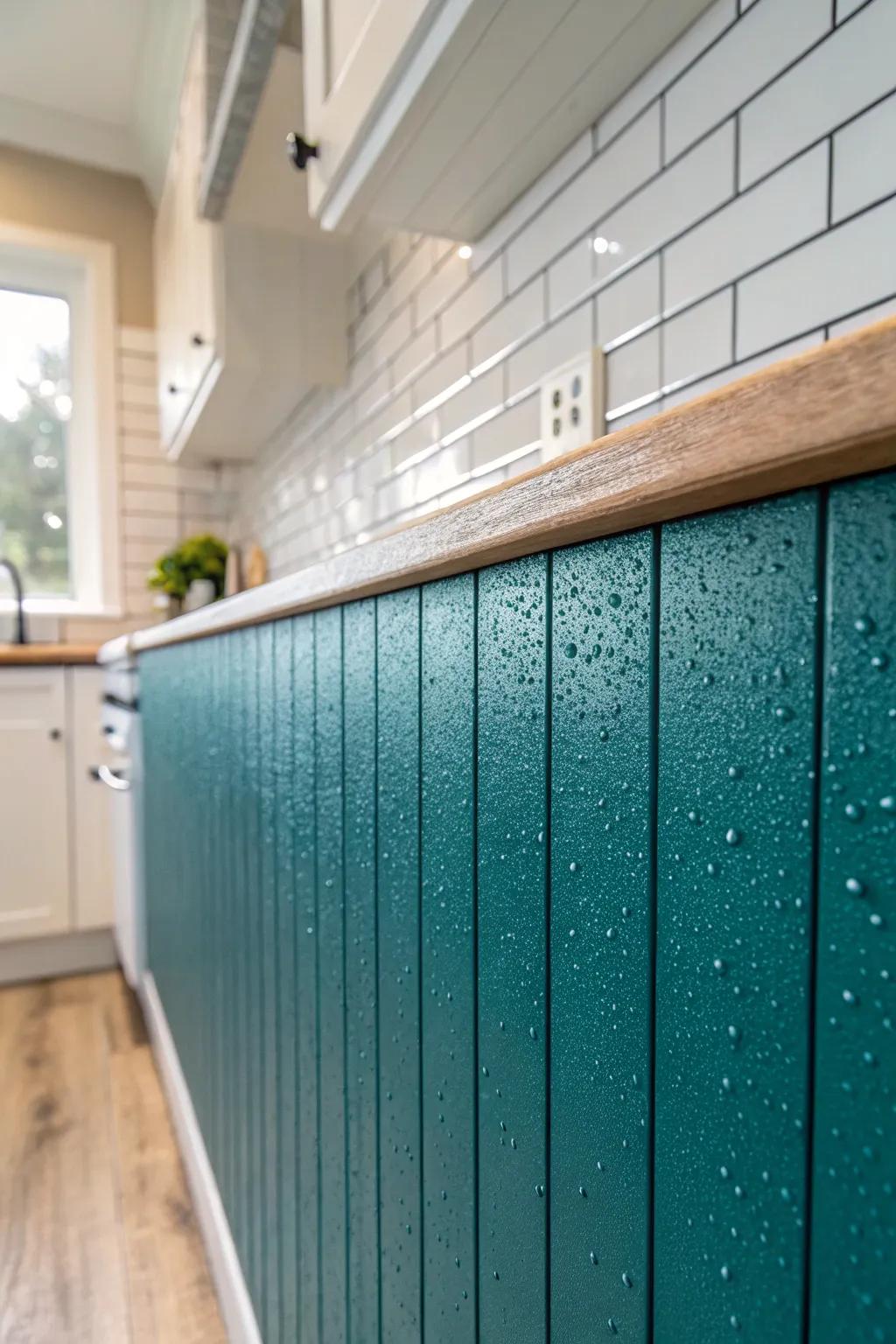 Sealed shiplap strips add warm texture to small kitchens—wipe-clean and tile-free.