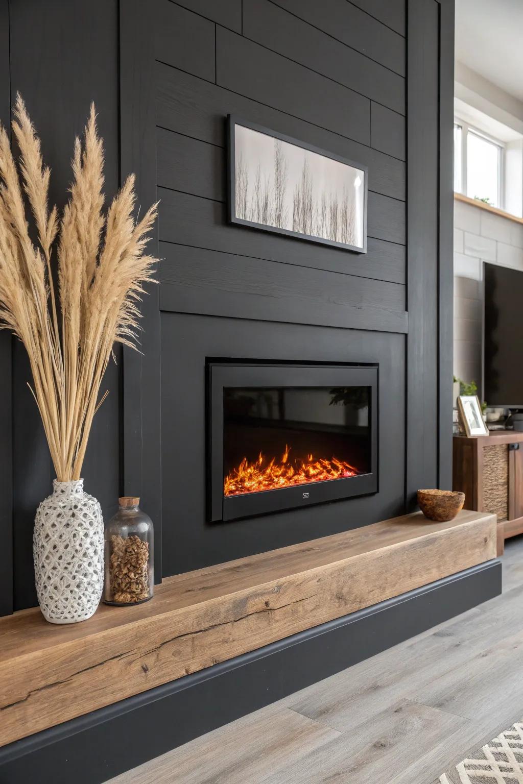 Deep charcoal paint + a slim wall-mounted electric fireplace = dramatic contrast for small spaces.