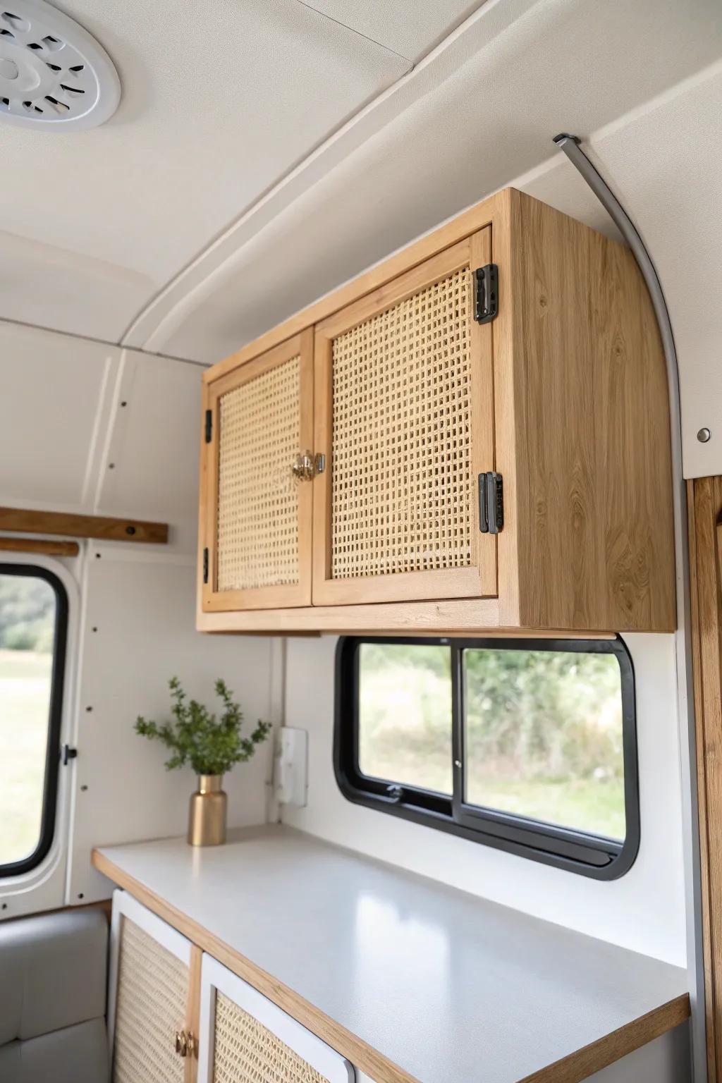 Vertical storage bliss: a handcrafted overhead cabinet keeps your trailer bench clear and calm.