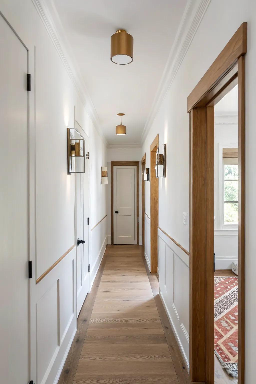 Create hotel-like balance with matching plug‑in sconces and a warm glow at hallway’s end.