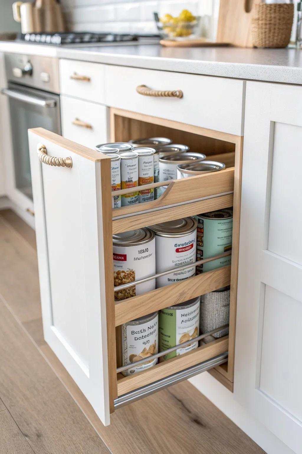 Turn the cabinet end into a sleek slide-out can column—visible, tidy, and easy to grab.