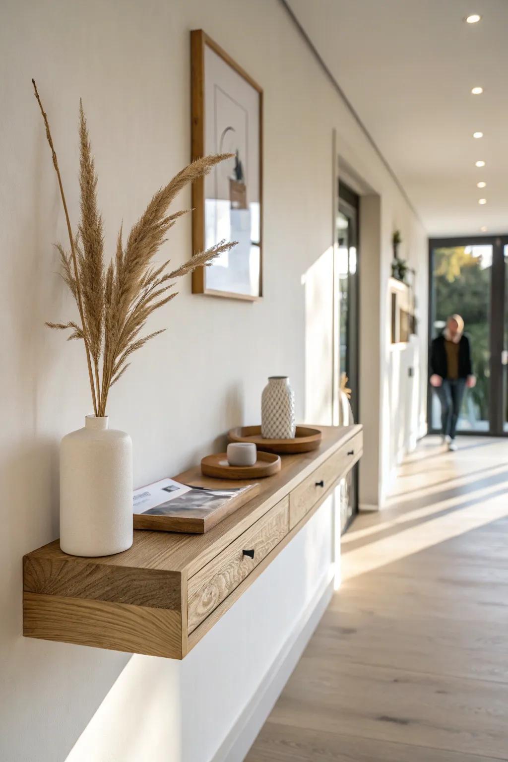 Go vertical with a floating shelf—modern entryway style without sacrificing floor space.