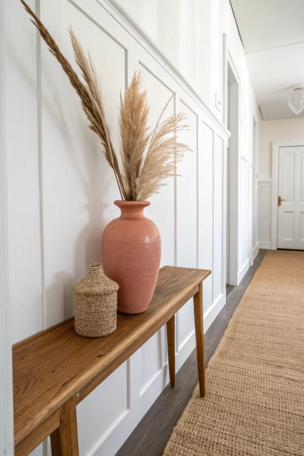 Crisp white wainscoting + one warm clay vase turns a narrow entry into a designed moment.