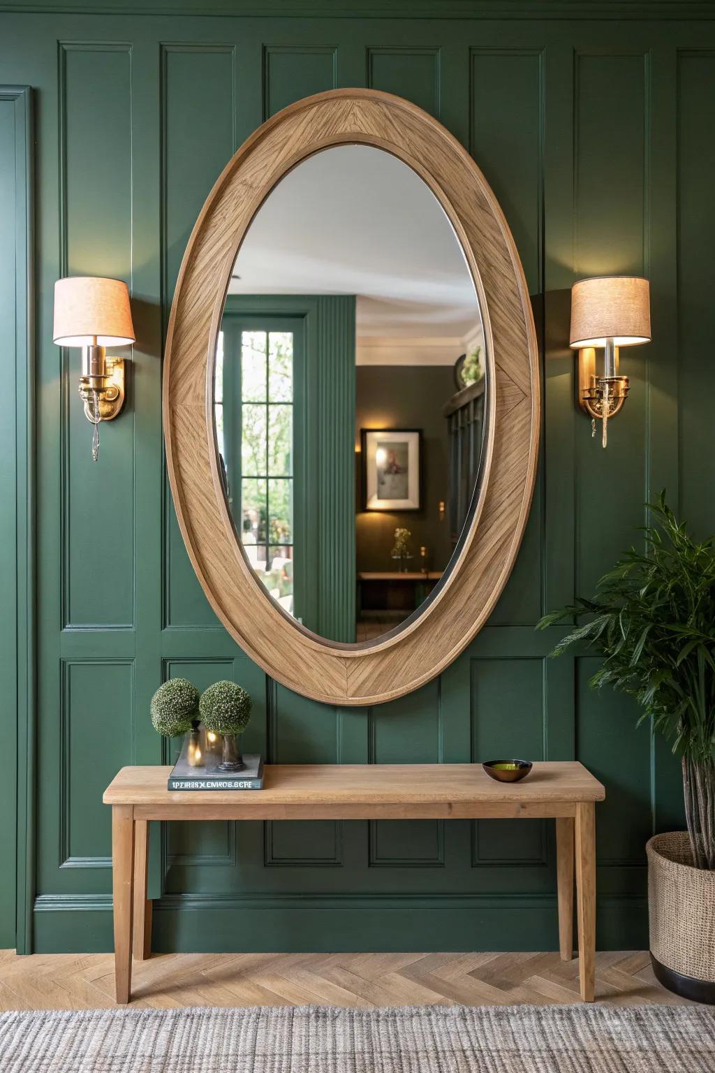 Twin sconces flanking an entry mirror give your bench nook an instant boutique-hotel glow.