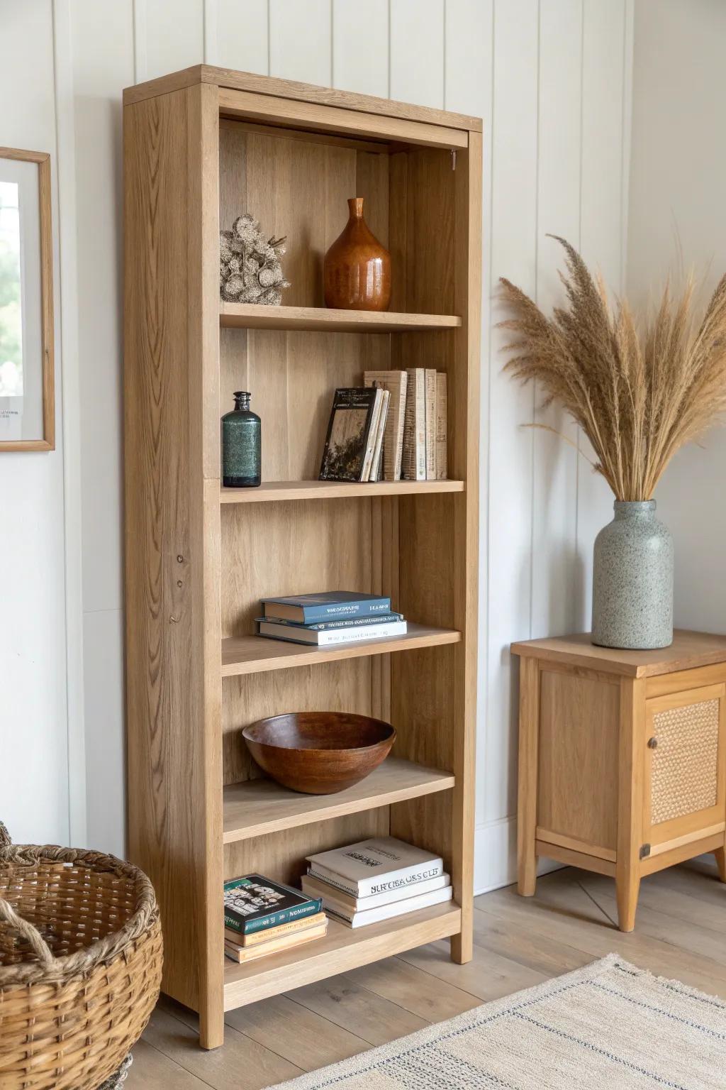A slim oak bookcase + round mirror makes a chic entry vignette—books, key bowl, and calm.