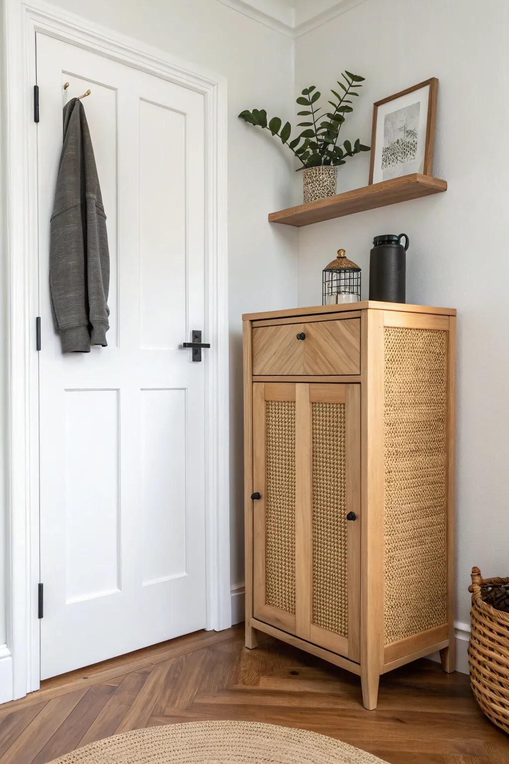 A slim corner cabinet that turns an awkward entryway nook into calm, clutter-free storage.