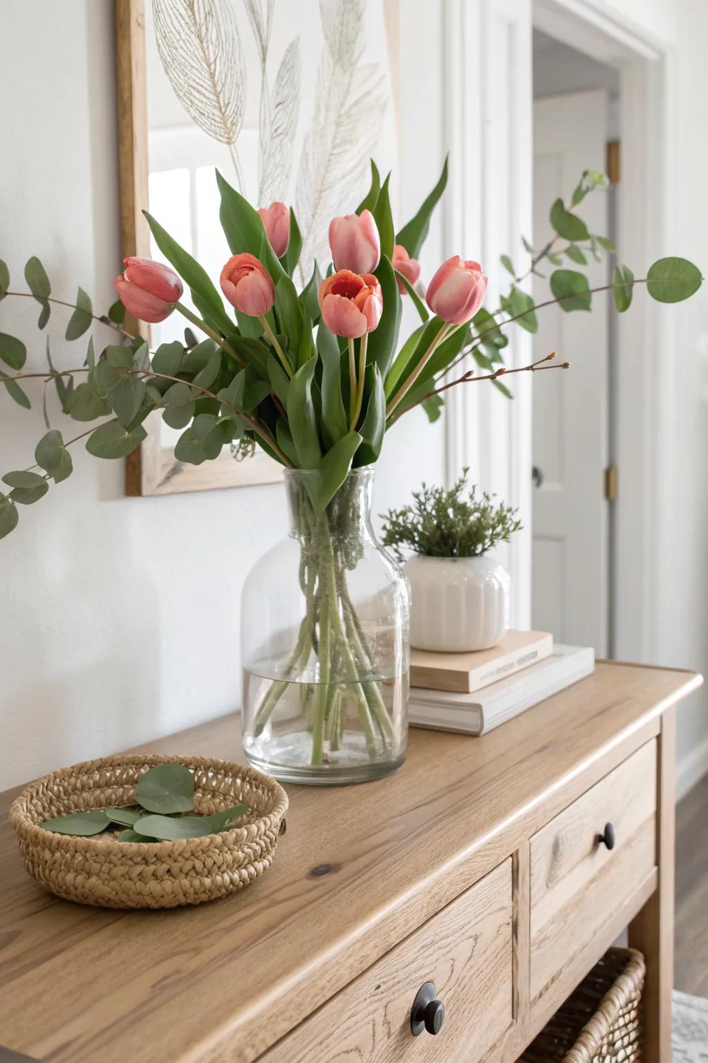 A simple vase of tulips + eucalyptus makes any entryway chest feel instantly cared for.
