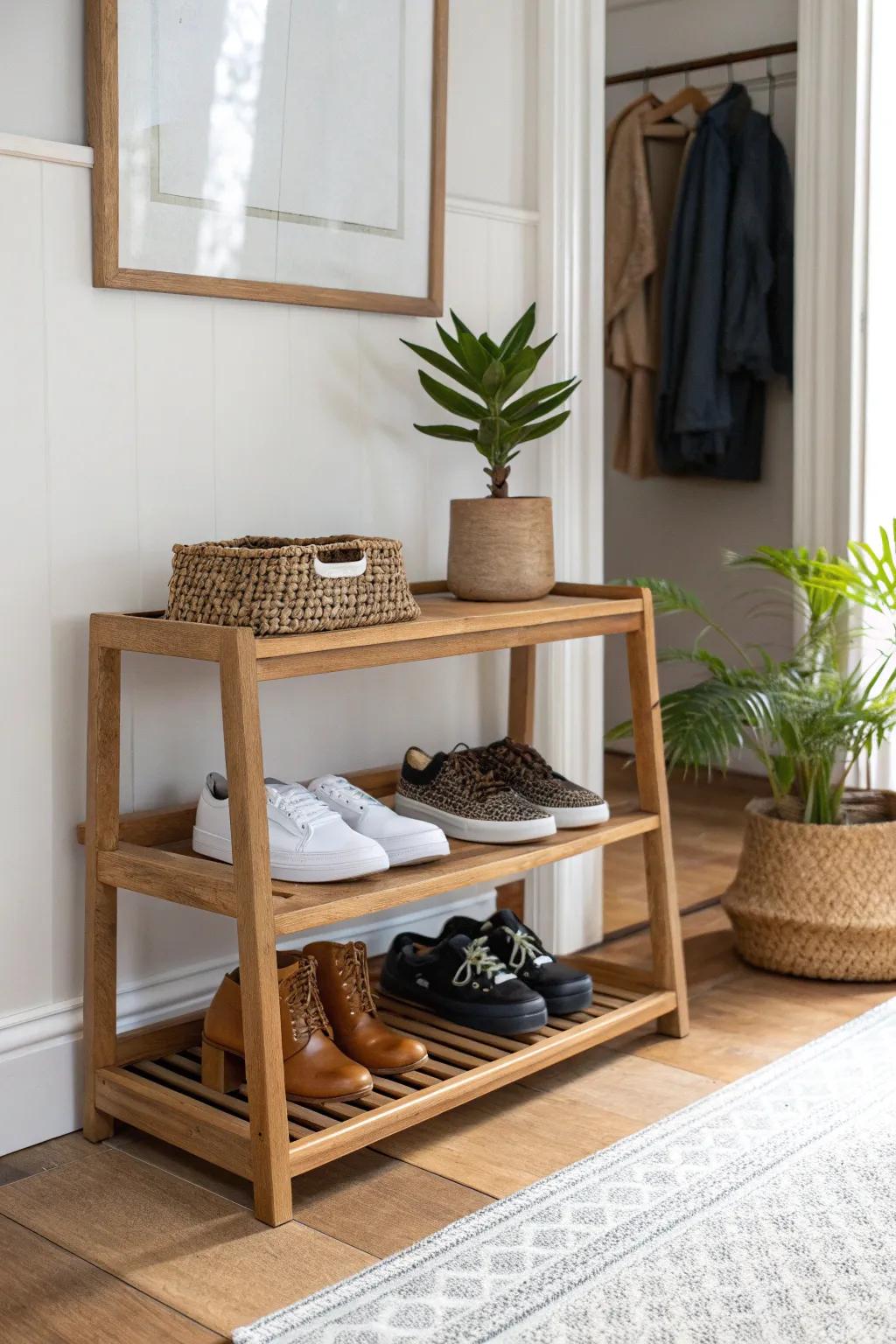 A slim shoe rack keeps your entryway closet tidy—no more messy piles or missing boots.