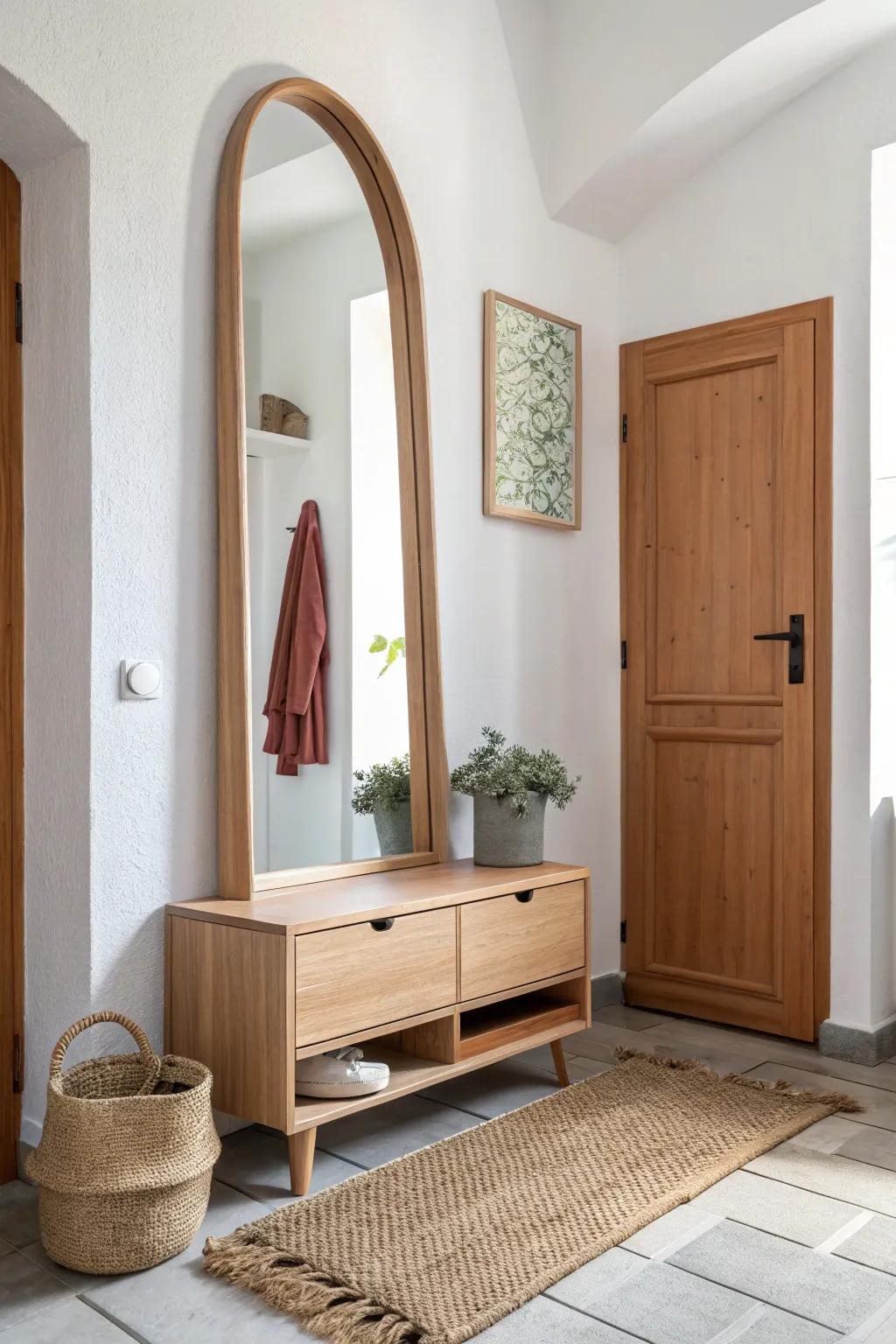 Mirror + slim storage below: a bright, pulled-together mudroom moment for tiny entryways.