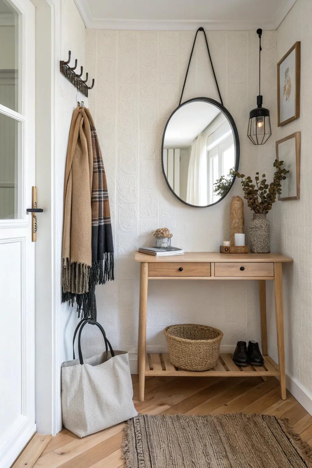 Mirror with hooks above a slim console keeps coats tidy—minimal, warm, and small-space smart.