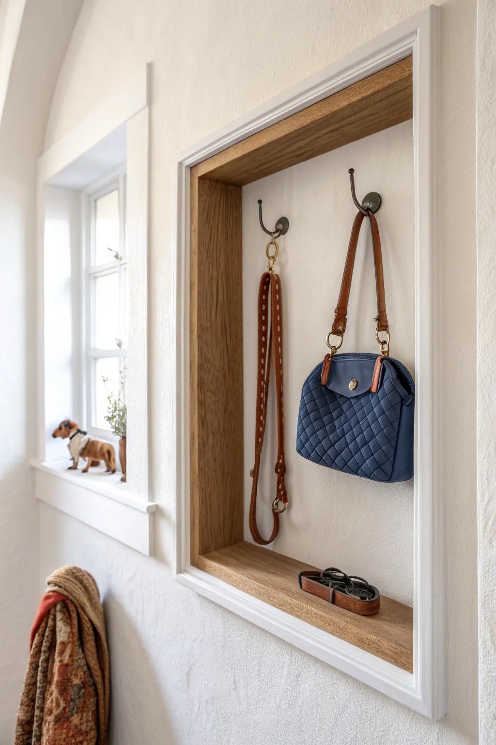 Hide the chaos: a recessed niche with sleek brass hooks keeps leashes and bags grab-and-go.