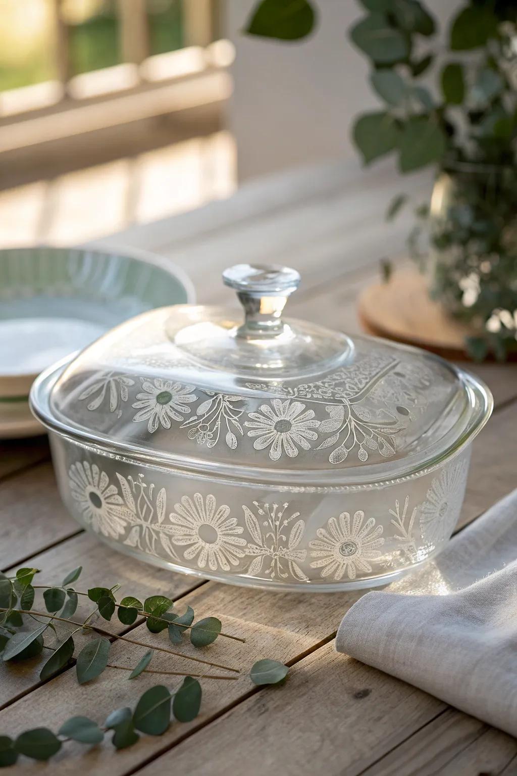 Transform your dinner table with a touch of elegance and craftsmanship – etched glass casserole dishes that dazzle.