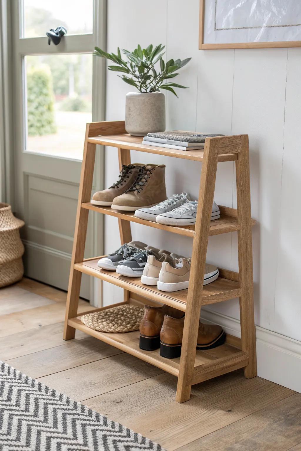 A dedicated shoe shelf keeps an exposed closet airy—everyday pairs at eye level, boots up top.