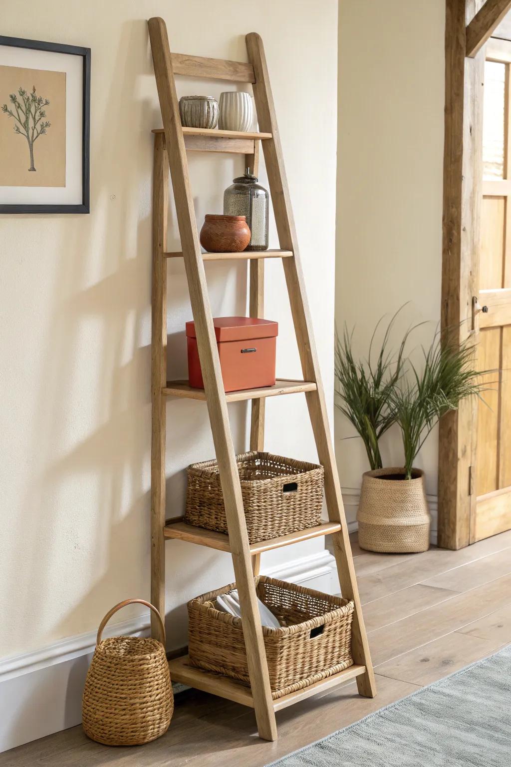 Go vertical: a tall shelf draws the eye up, saves floor space, and feels effortlessly airy.