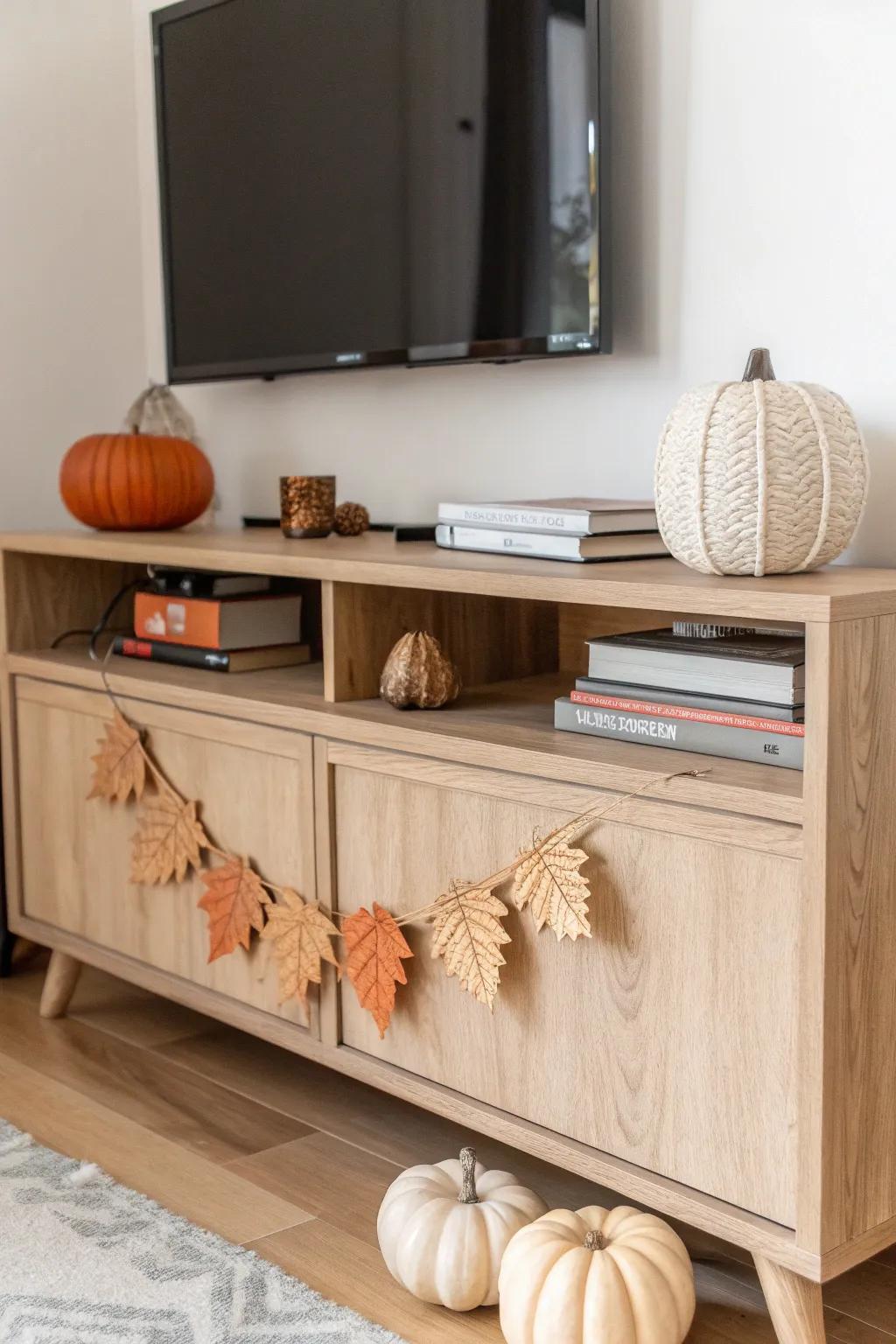 Style your TV console like a fall mantel with stacked books, garland & neutral pumpkins.