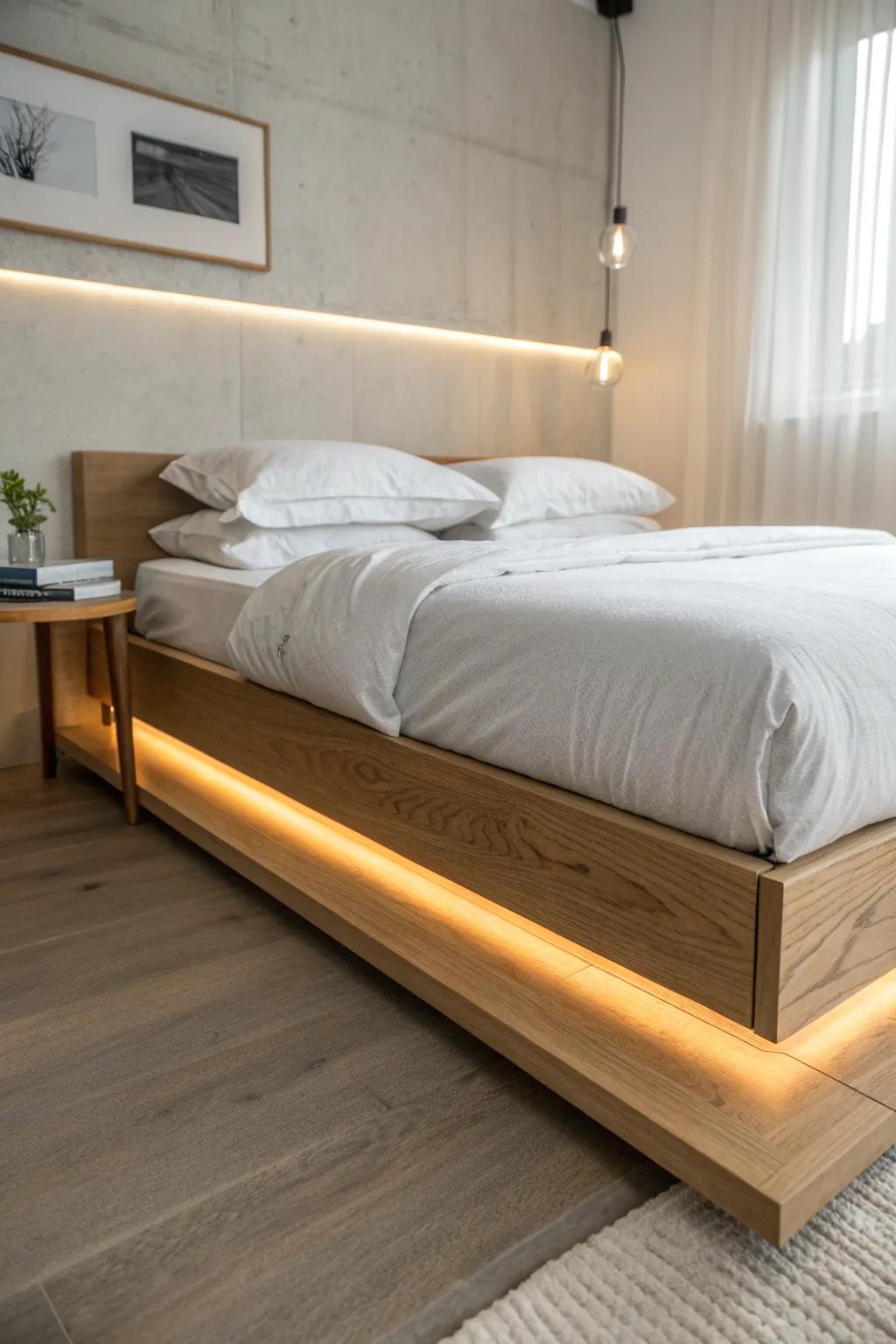 Renter-friendly floating bed glow: plug-in LED strip + removable clips for a clean, no-drill look.