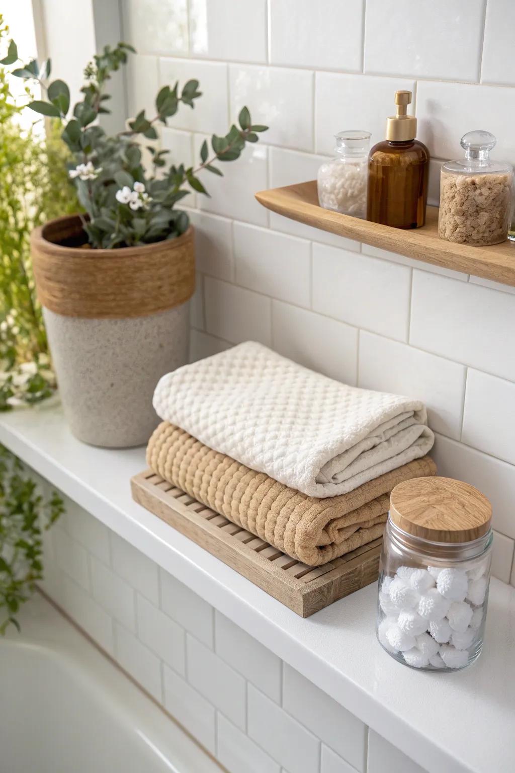 Spa-calm bathroom shelf: stacked towels, a tiny plant, and a cotton jar—simple, soothing.