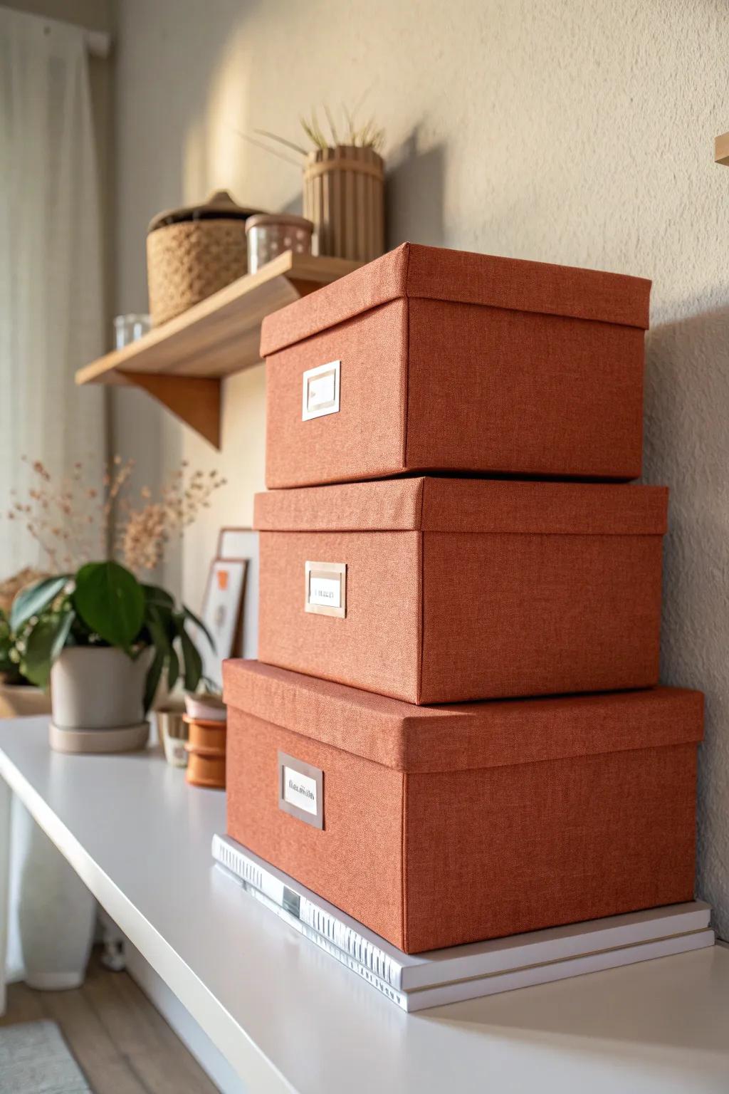 Match storage boxes on a floating shelf for a clean, cohesive desk wall—labels hidden underneath.