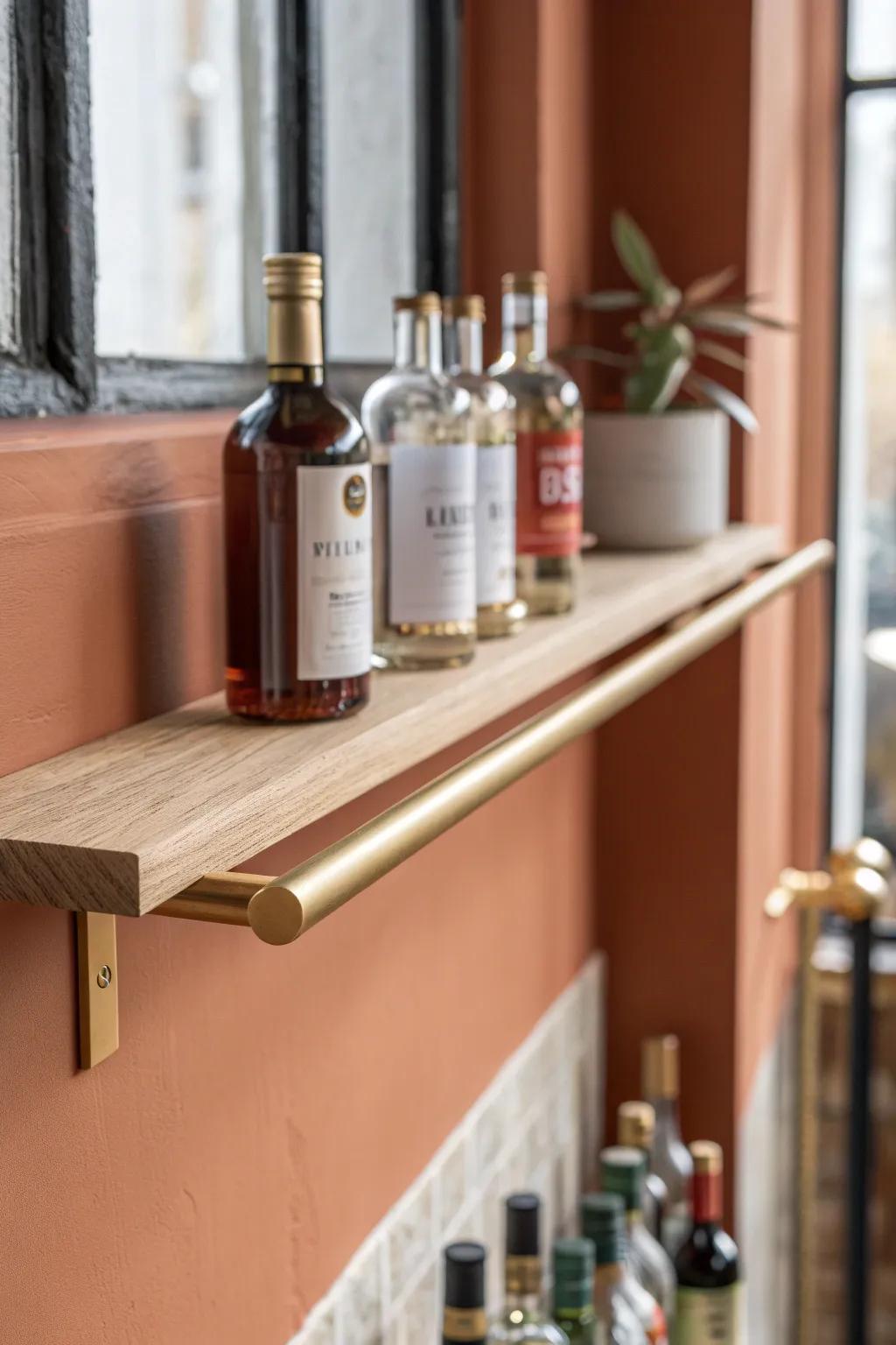 A slim brass shelf rail keeps floating-shelf bar bottles safe—sleek, minimal, worry-free.