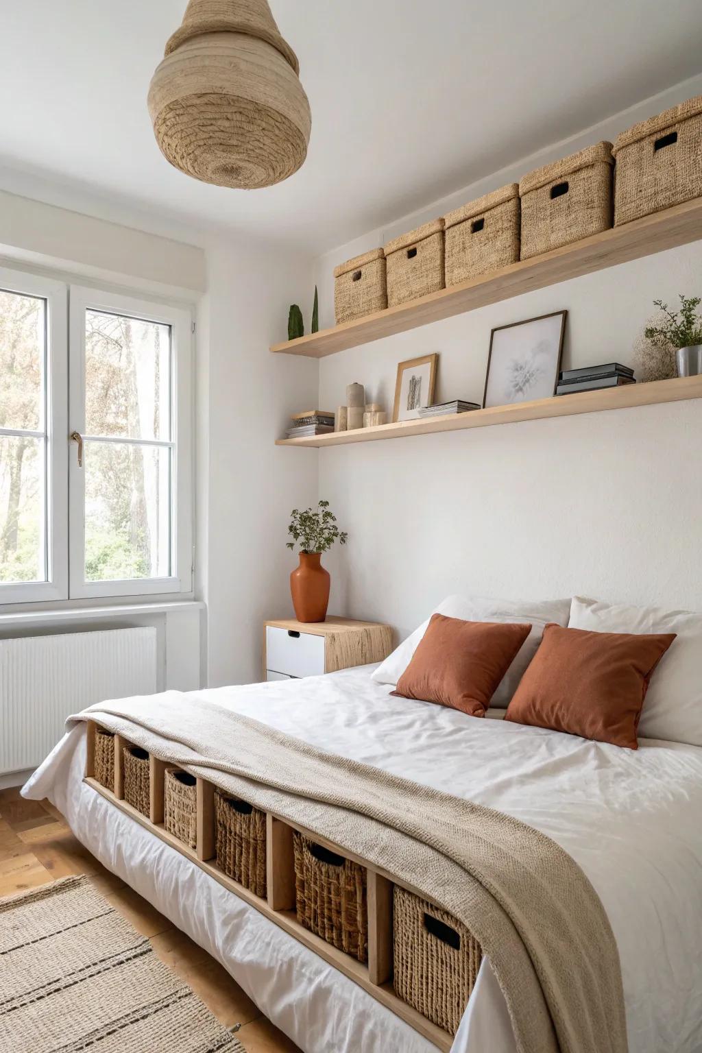 A high ceiling-line floating shelf lifts the room and hides storage in matching bins.