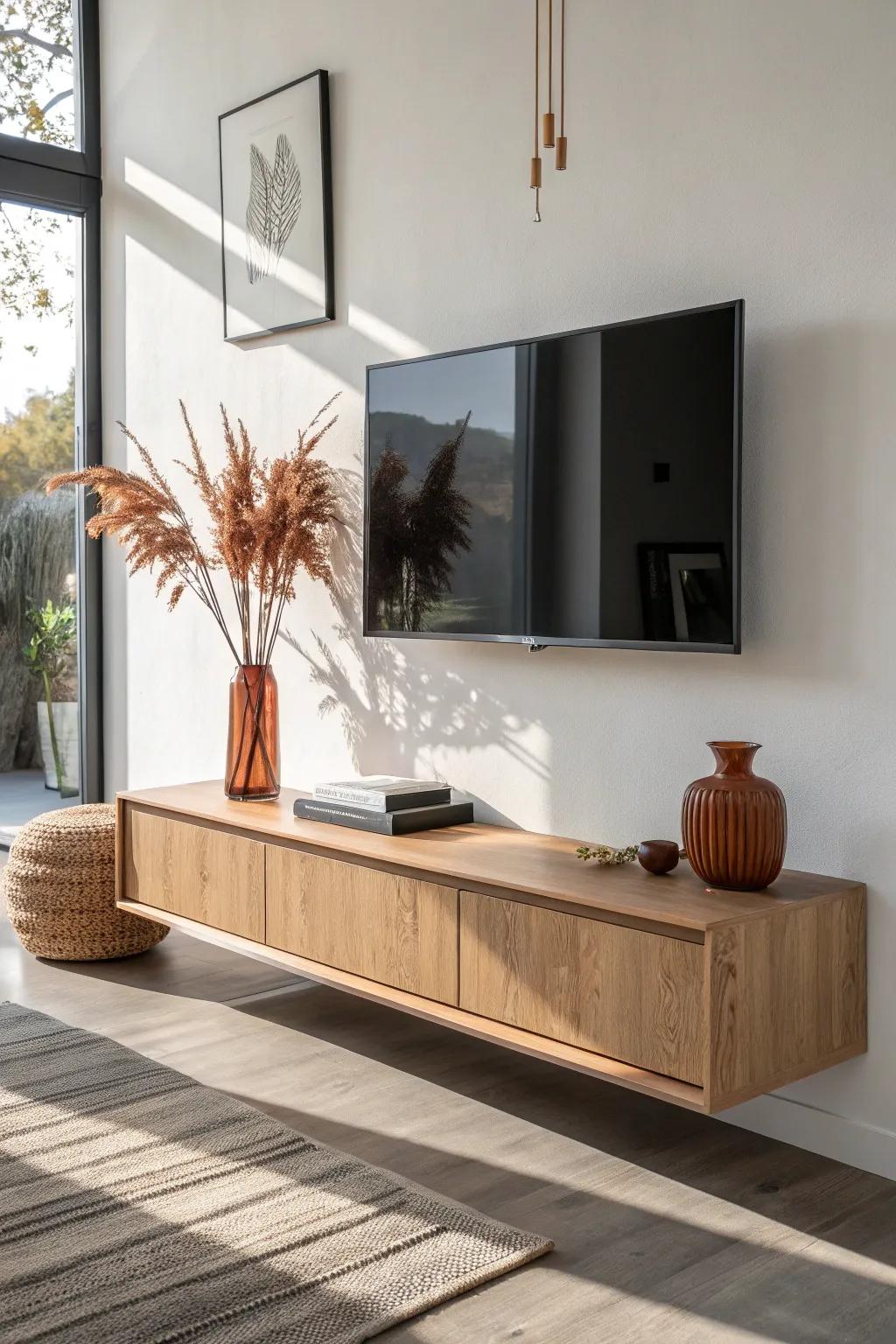 Go wider than your TV—an extra-long floating console makes the wall look instantly designer.