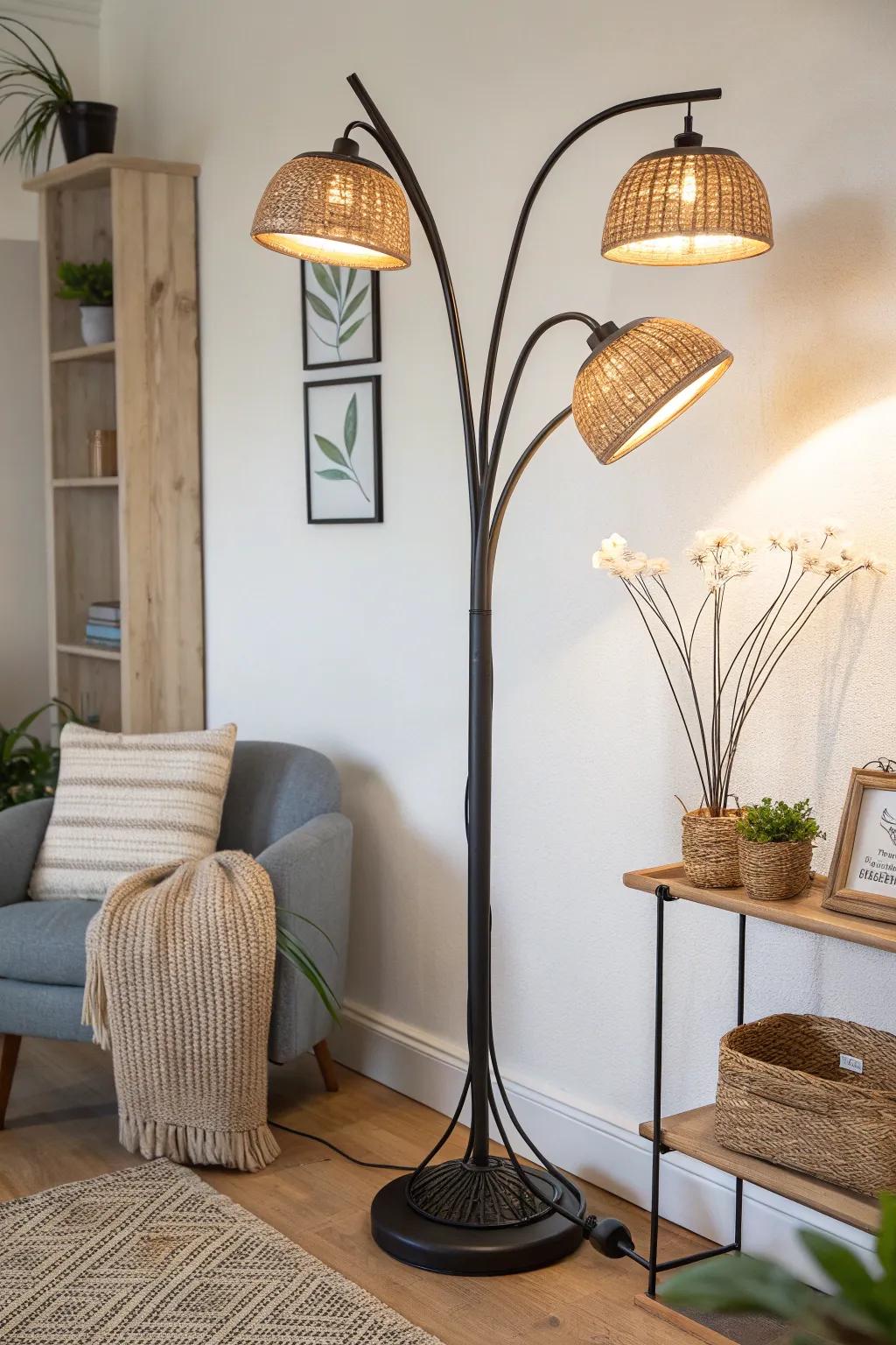 One multi-head tree lamp lights sofa + reading chair from a single spot—perfect for small rooms.