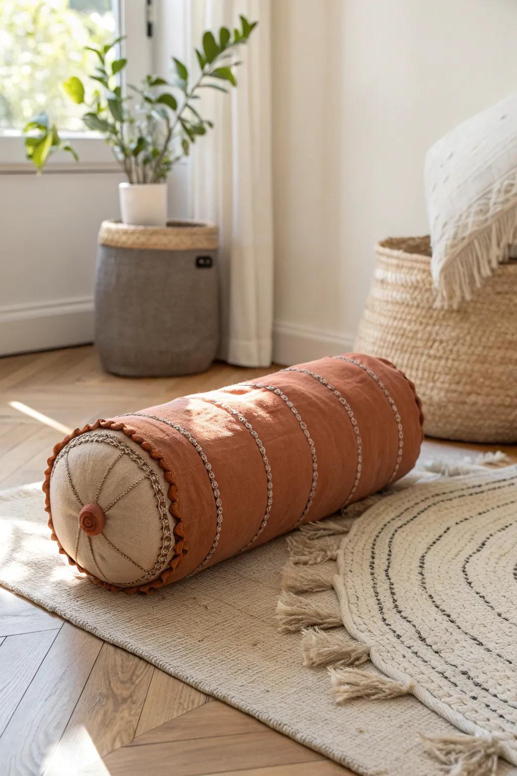 A terracotta bolster pillow turns simple floor seating into a cozy lounge-worthy nook.
