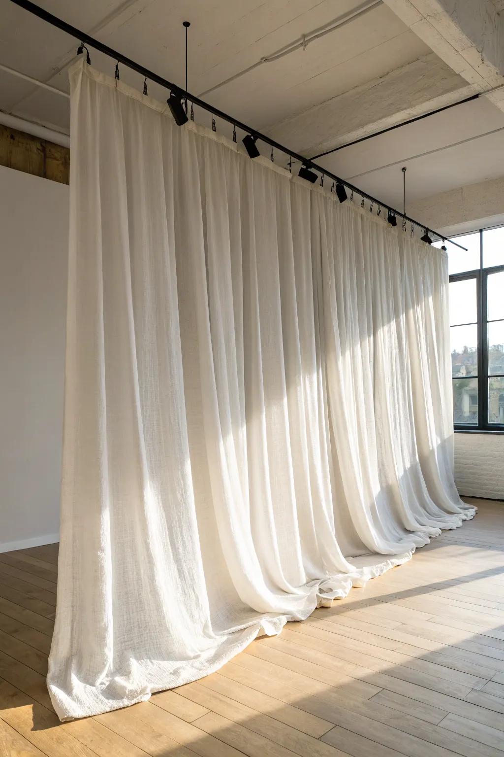 Airy floor-to-ceiling sheer drapes for privacy-ish separation without blocking light.