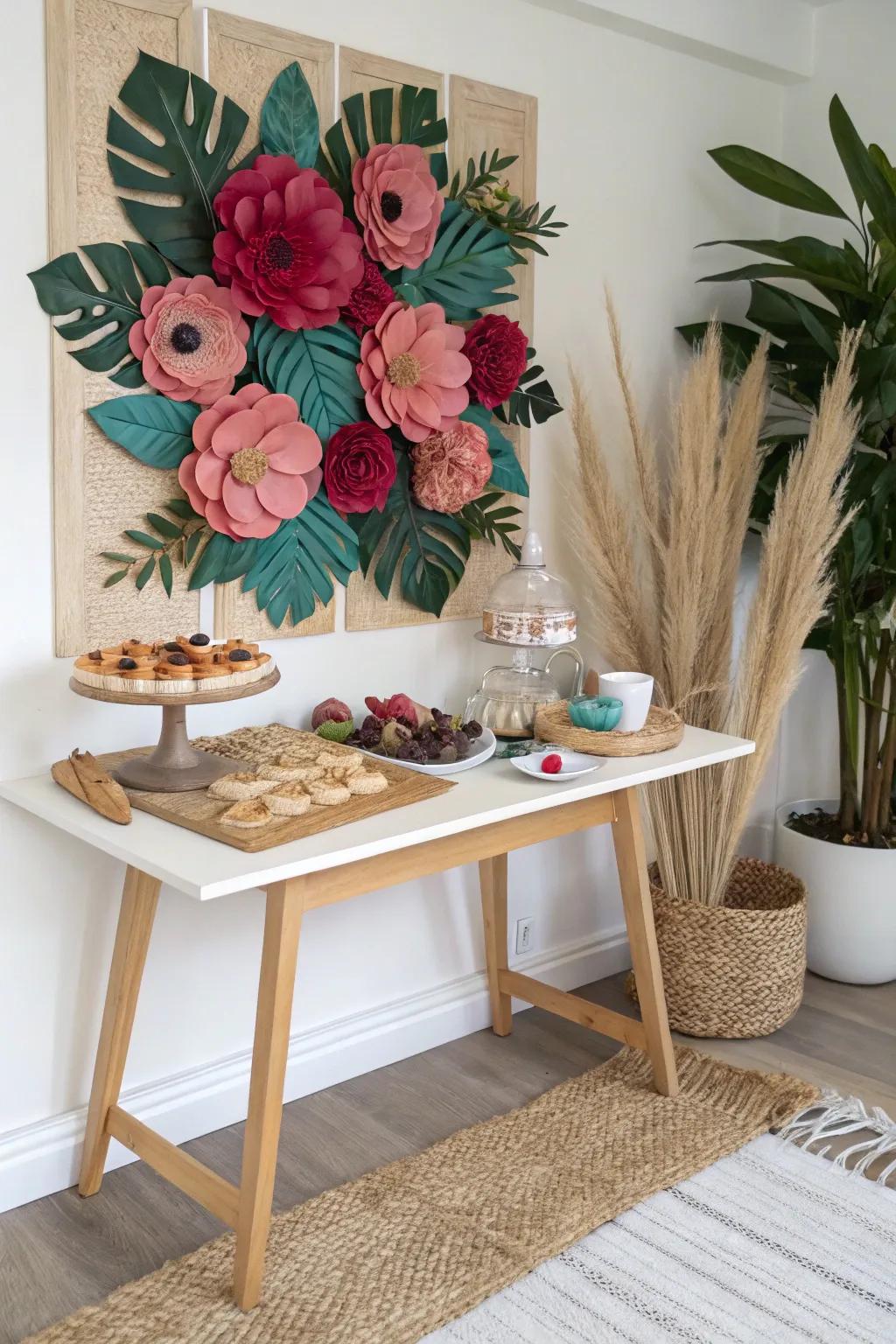 A petite dessert table pops against a bold flower wall—party style, zero clutter.