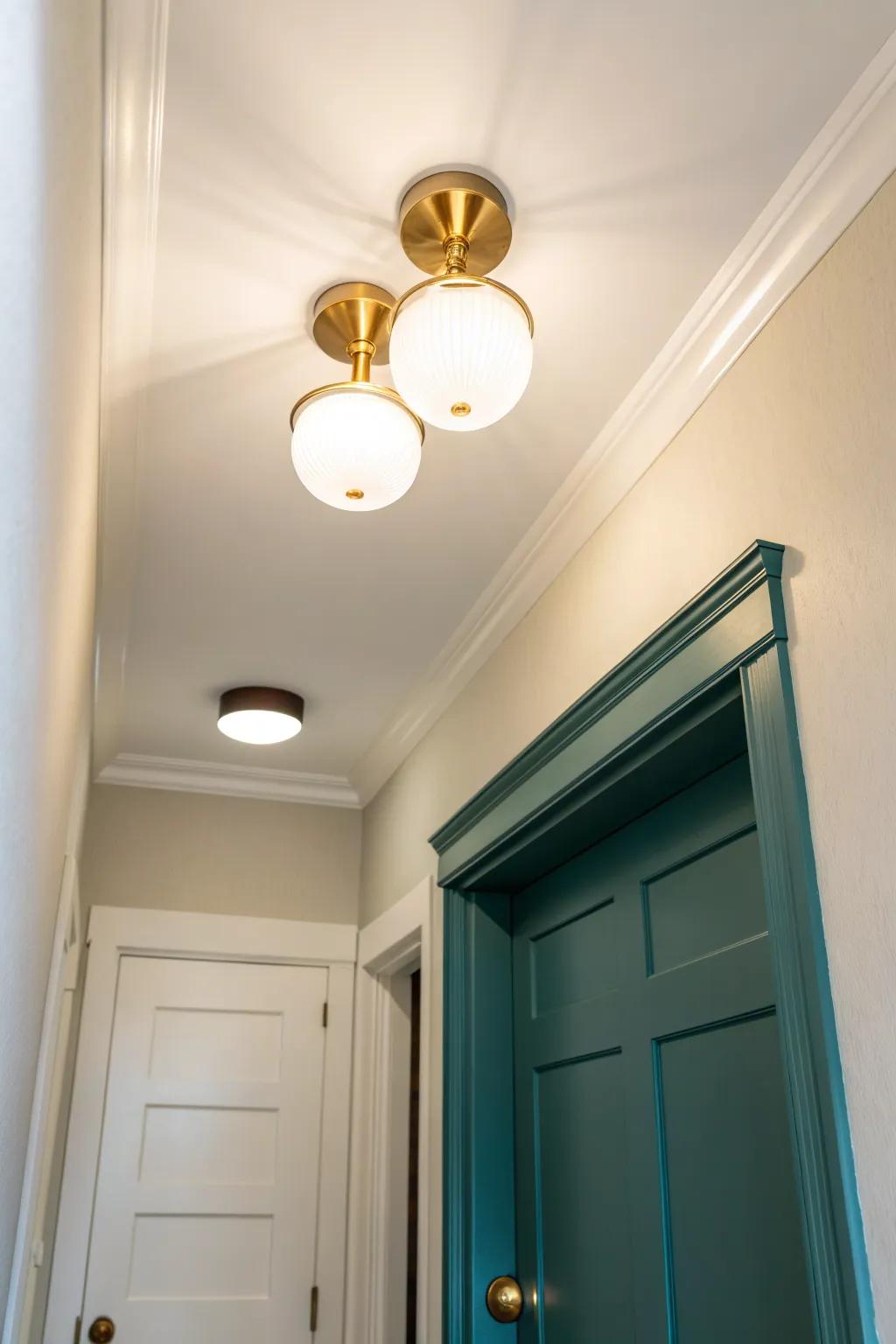 Two-light flush mount brightens the entry, aiming light to banish hallway dark corners.