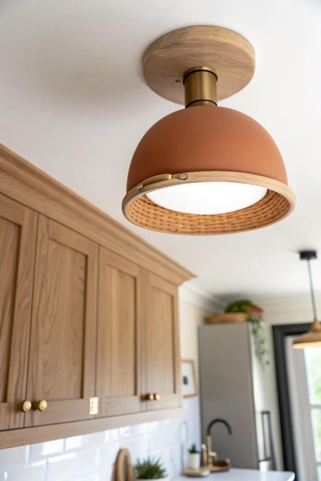 Two matching flush mounts brighten a small galley—balanced light from end to end.