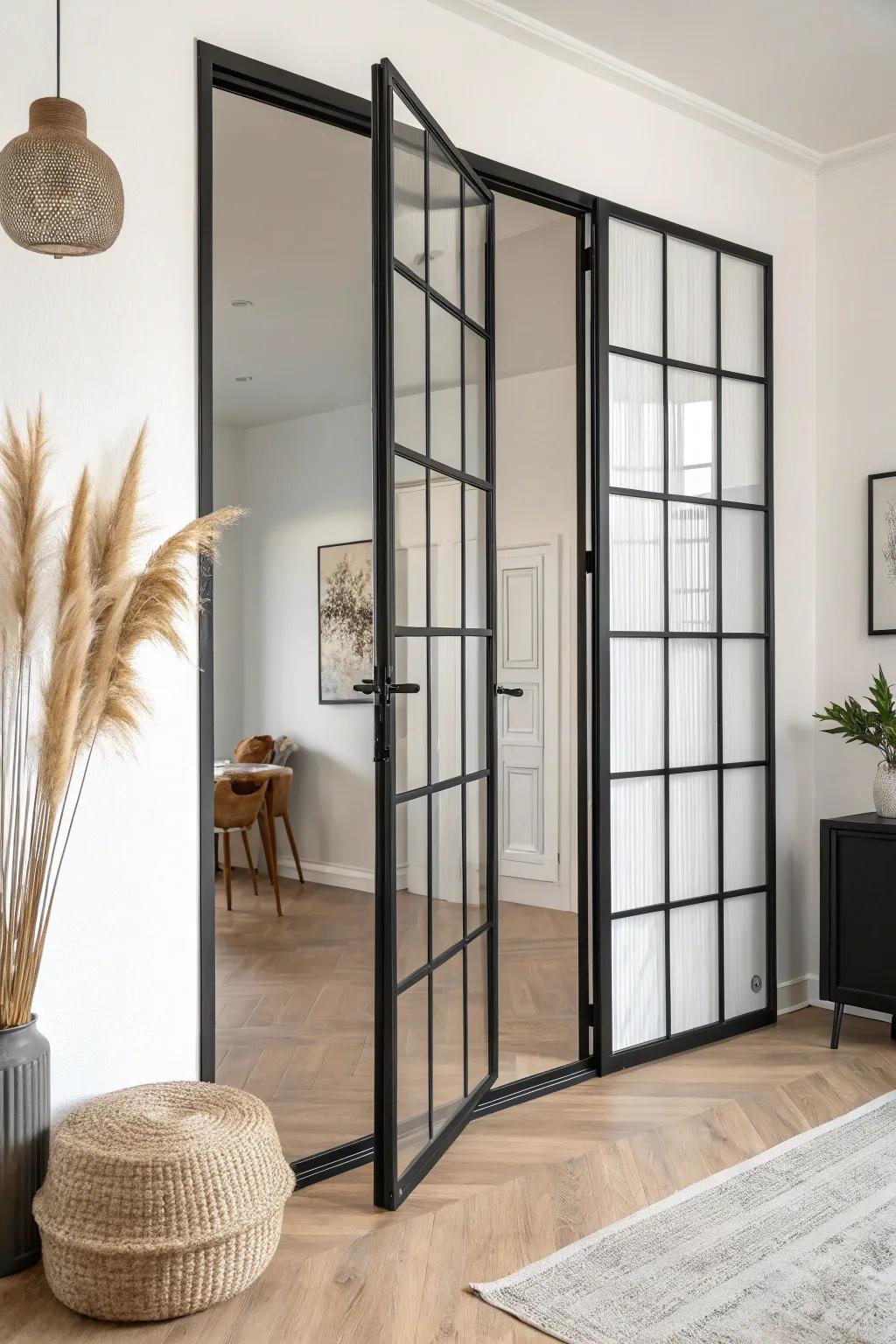 Grid glass folding doors: separate rooms, keep light, and make small spaces feel designed.