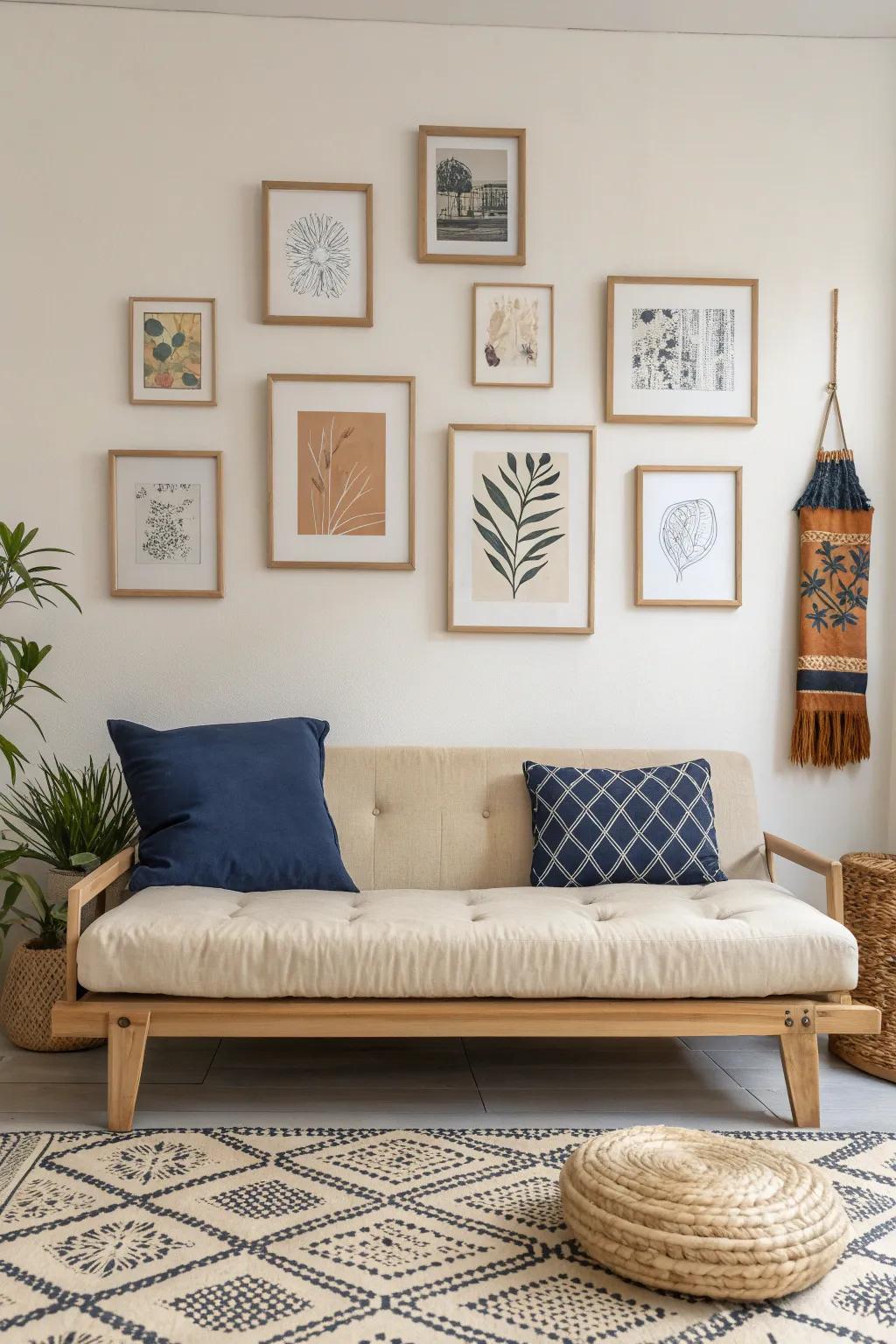 A sleek futon becomes the focal point with a bold, airy gallery wall that draws the eye up.