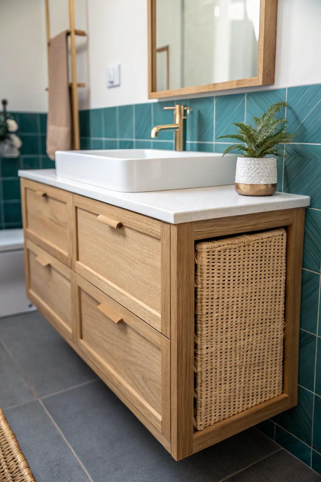 Shallow vanity, big impact—add storage without stealing a single inch in a galley bath.