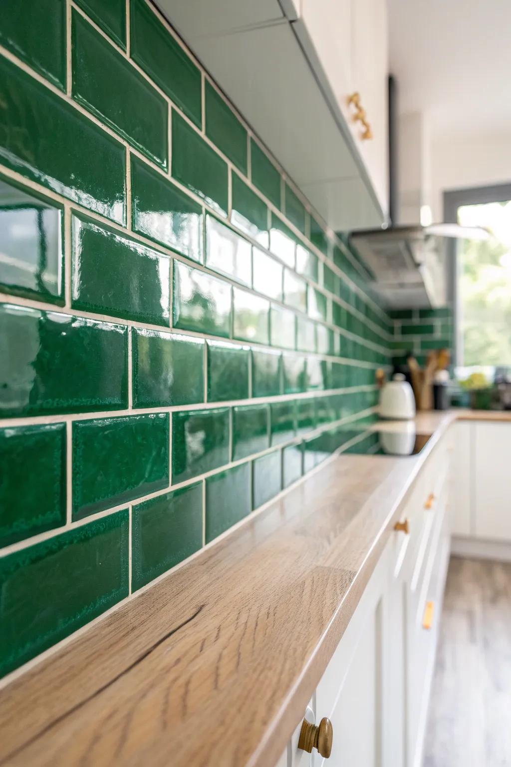 A glossy emerald backsplash reflects light to make a narrow galley kitchen feel wider and brighter.