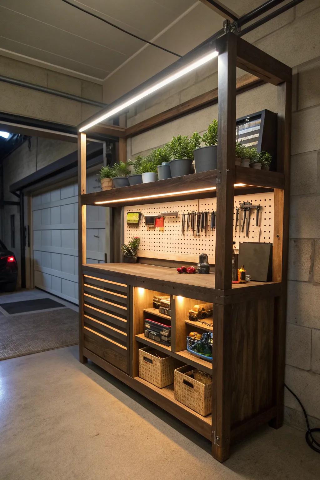 Elevate your garage space with stylish LED lighting for enhanced visibility and charm.