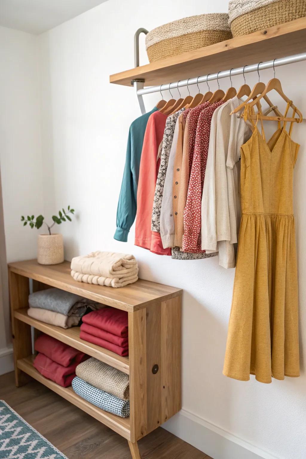 A low “get-ready” shelf keeps weekly favorites visible—less mess, more calm closet days.