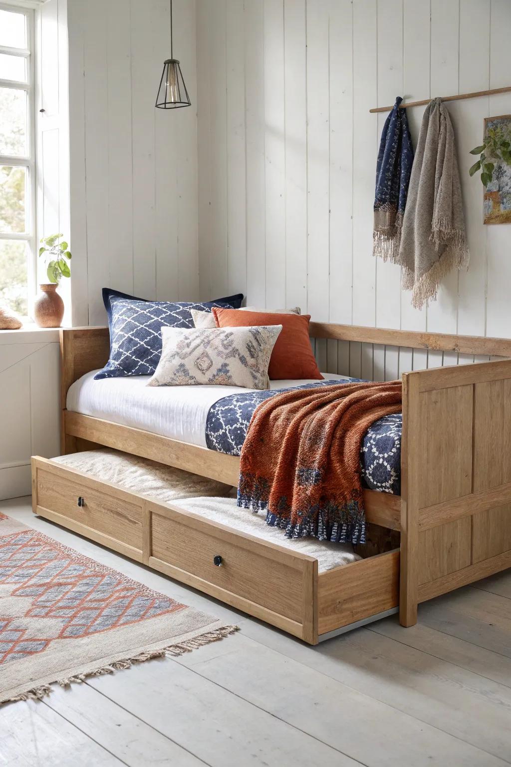 Daybed with trundle: sleek by day, two matching beds by night—perfect for the tiniest shared room.
