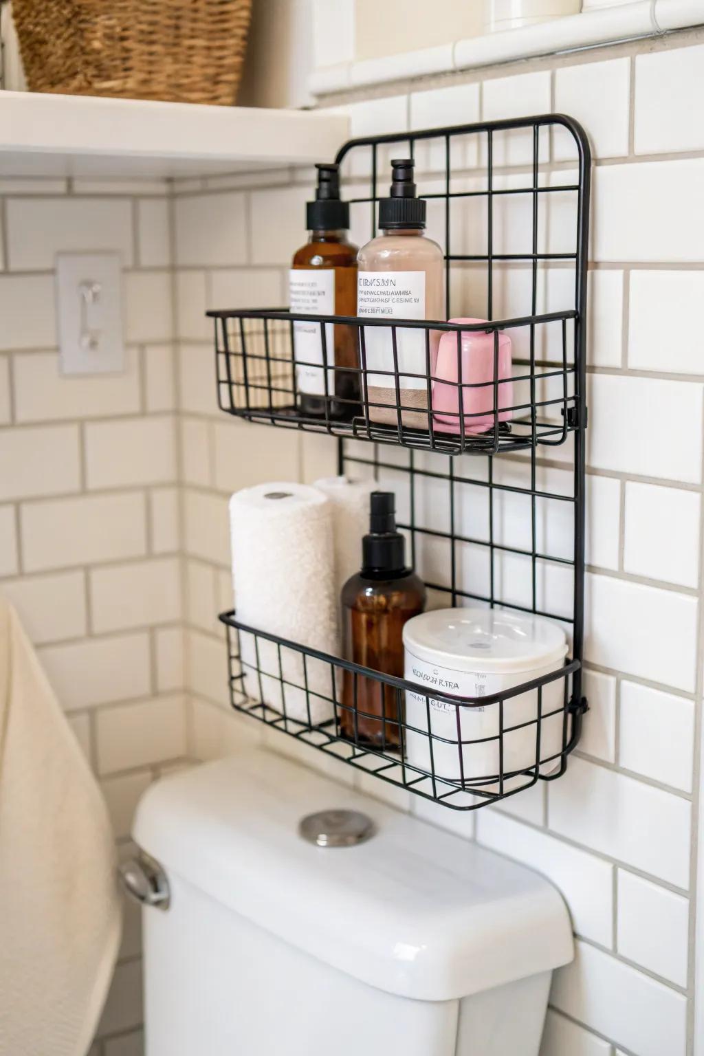 Bathroom beauty grid wall: wire baskets corral skincare for a calm, clutter-free rental setup.