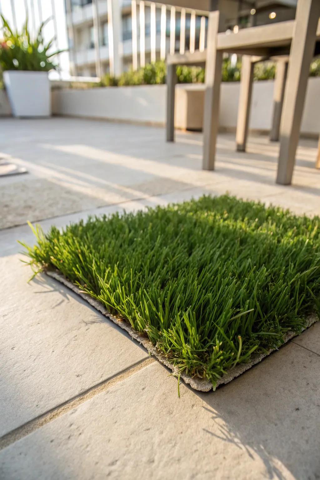 Instant mini-backyard vibes: plush artificial grass turns a tiny patio into barefoot bliss.