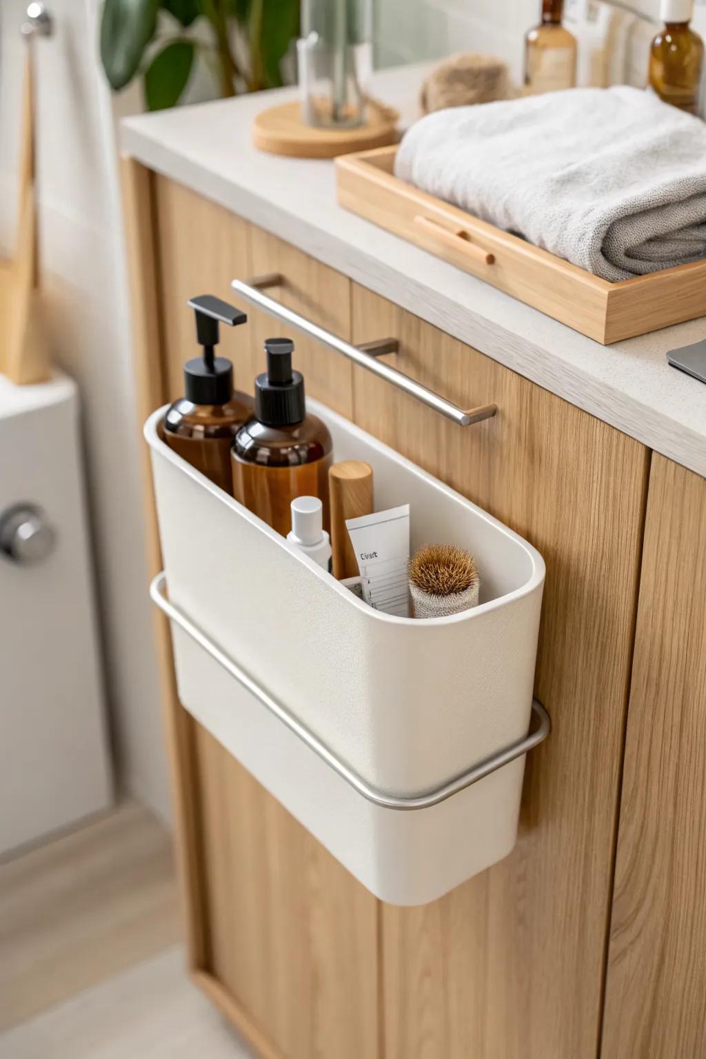 Inside-cabinet door bins keep hair essentials tidy—hidden storage that saves drawer space.