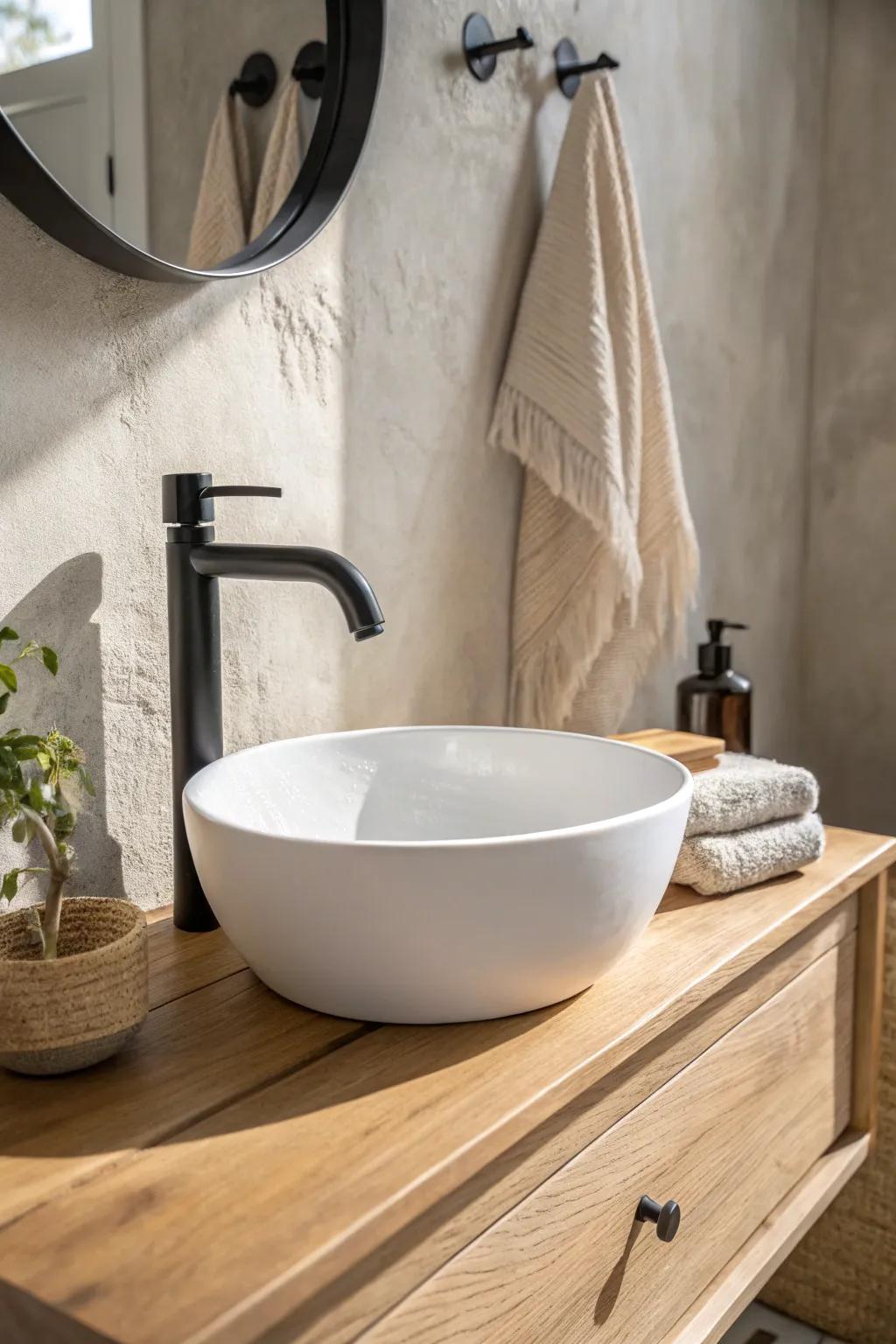 Wall-mounted faucet + slim vanity top: the small-space trick that saves precious counter inches.