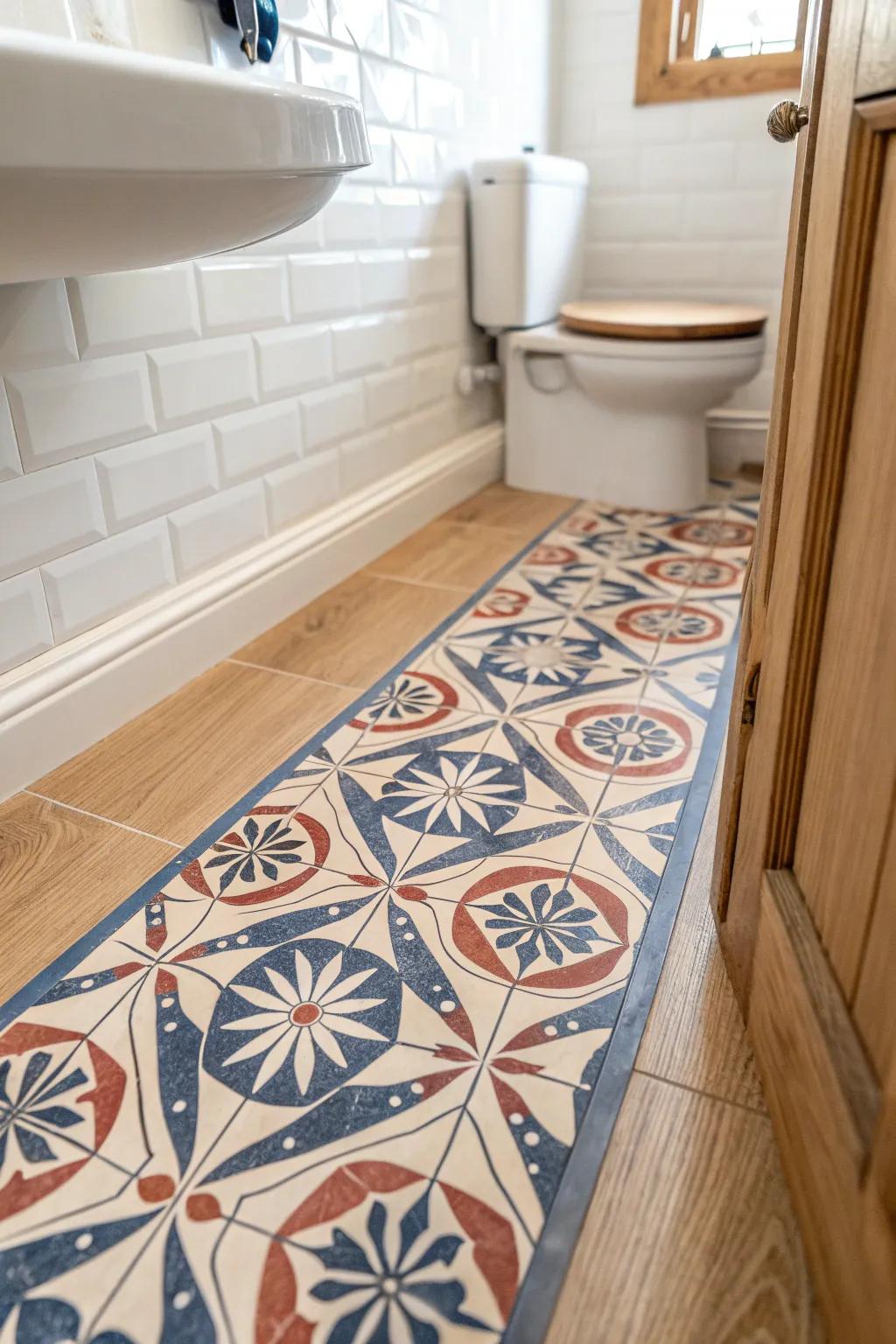 Let the patterned tile steal the show—keep walls quiet for a chic half-bath statement.
