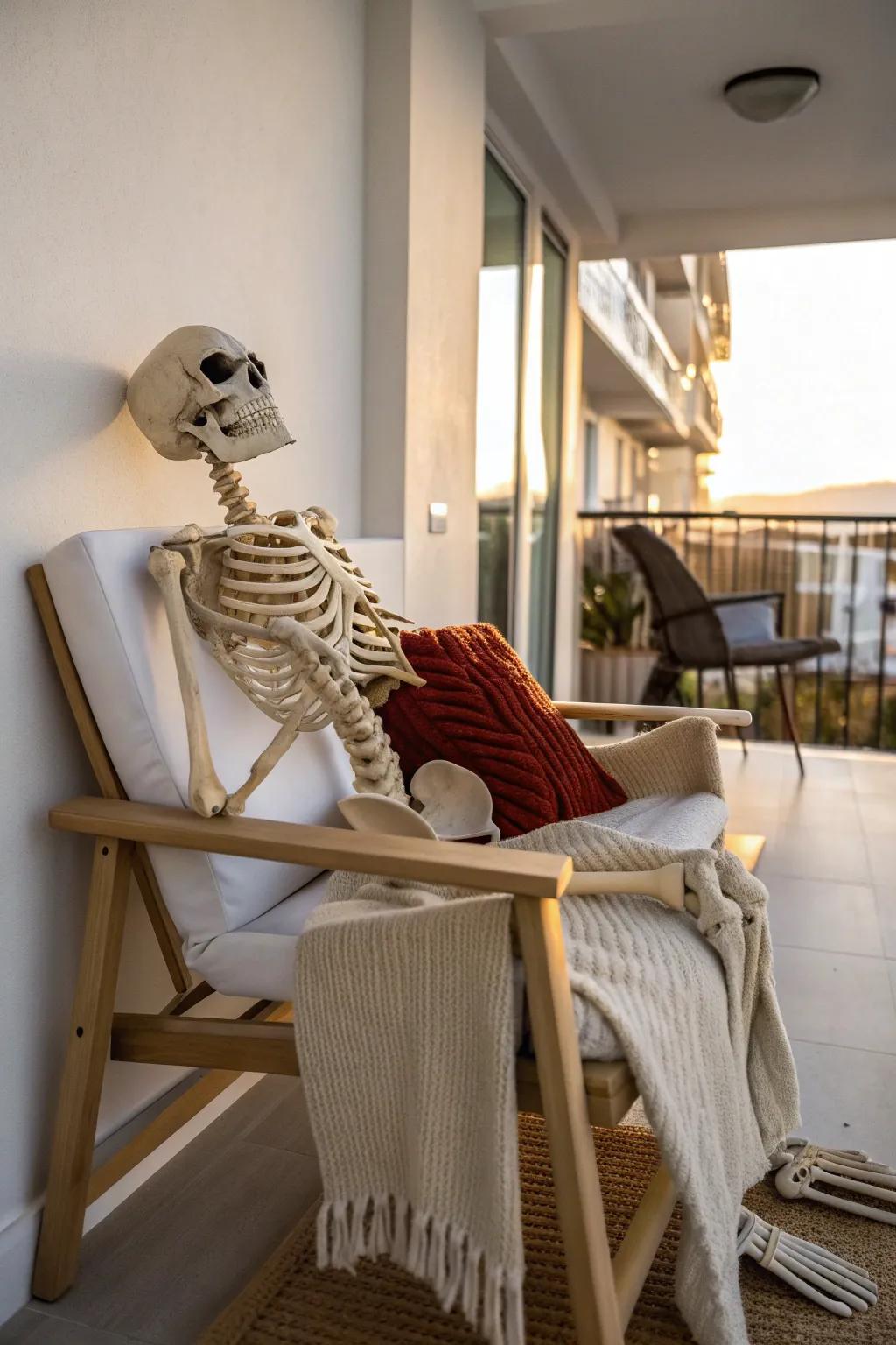 Balcony “roommate” vibes: a poseable skeleton lounging and people-watching in chic minimal style.