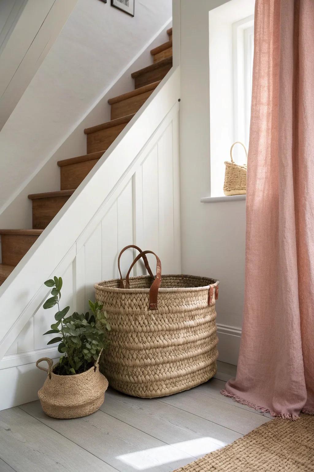 One beautiful woven basket makes that under‑stairs wedge the prettiest hidden hallway storage.