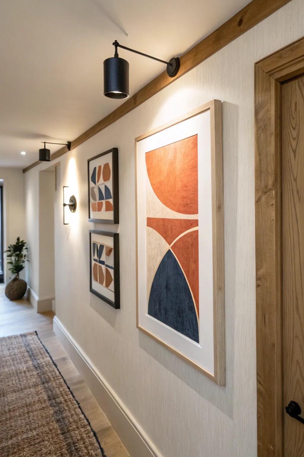 Turn one framed print into a mini gallery—add slim sconces for cozy hallway glow.